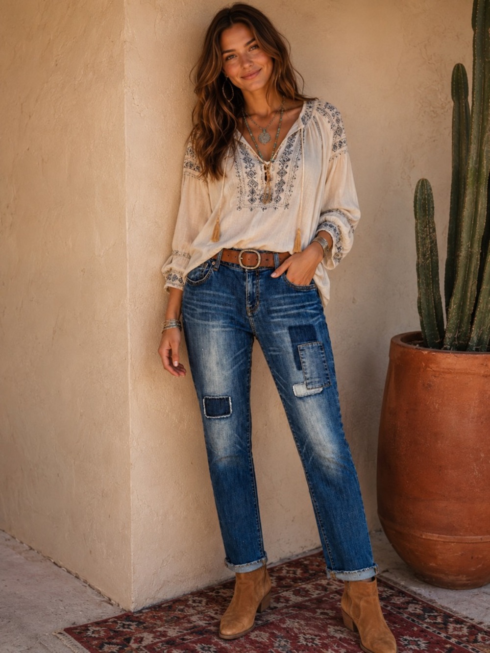 Cabi The Slim Boyfriend Denim Patchwork Boho Jeans‎